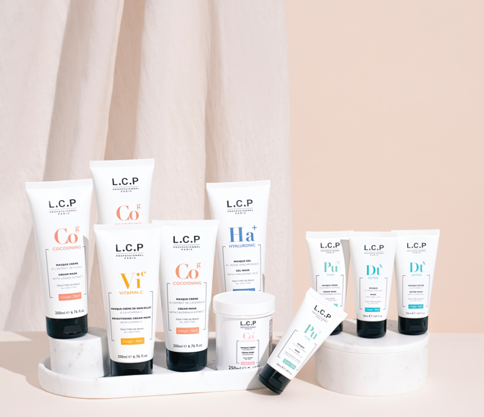 L.C.P Professionnel Paris skincare product line — Cocooning, Vitamin C, Hyaluronic, Purifying, and Detox professional facial masks and treatments